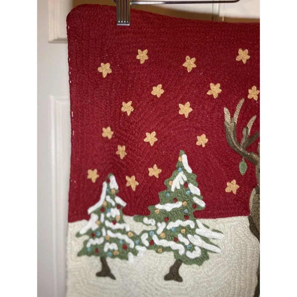 Pottery Barn Christmas Reindeer Embroidered Pillow Cover Red White Used 18x18